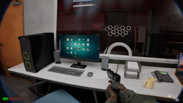 A RGB lit desktop computer in Body Cam Shooter. On ghe display is the Gnome App List. 