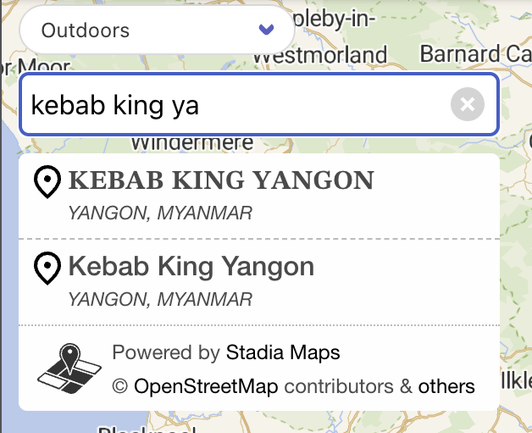 A list of search results showing the same restaurant twice. The first result has a different appearance, being comprised of mathematical unicode symbols.