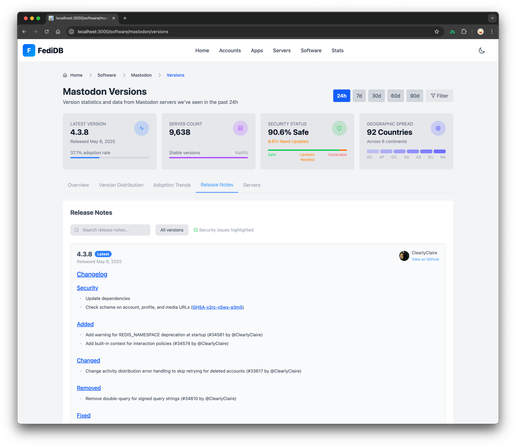 New FediDB software version tracker, showing Mastodon version release notes
