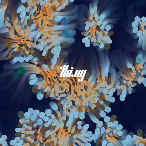Short generative animation of 1000 agents/boids exhibiting self-organizing flocking behaviors. Each boid's radius and color is controlled by the distance to its neighbors. The colors are chosen from a gradient of orange and light blues on dark blue background. Each agent has pseudo-3D appearance and is leaving a very slowly fading trail, creating aesthetics reminiscent of sea anemones..