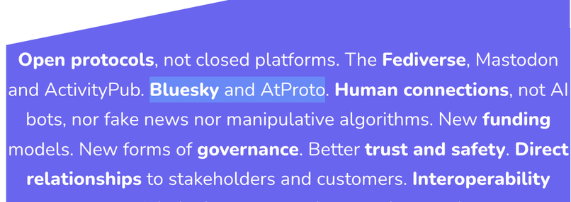 Screenshot of the https://fediforum.org/ website. Quote: "Open protocols, not closed platforms. The Fediverse, Mastodon and ActivityPub. Bluesky and AtProto. (...)"