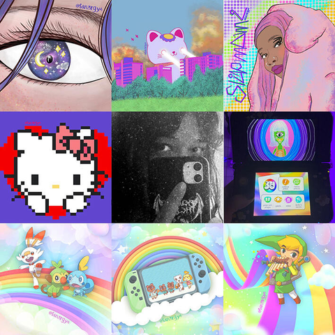 A mosaic of nine quadrants, each featuring a distinct illustration in a vibrant pop style.

    Top Left Corner: A detailed drawing of an eye, with an iris containing stars and a moon, symbolizing a magical night sky.

    Top Center: A digital landscape showcasing a blue background and a pink building, with a stylized figure of a cat with laser eyes exploding buildings.

    Top Right Corner: A portrait of a black woman wearing a pink animal hood, with pink/purple hair and a confident expression, exuding a modern style.

    Center Left: A pixelated illustration of Hello Kitty, set against a heart background, evoking nostalgia and simplicity.

    Center Center: A monochrome photograph  of a person with part of their face visible, reflecting a touch of mystery against a dark vibe.

    Center Right: An open 3DS displaying an drawing app named 3D colors. The art is an green ciclope face within a vibrant screen, appearing futuristic and intriguing art.

    Bottom Left Corner: Three cartoon-style characters, representing adorable creatures from pokemon, depicted in cheerful colors.

    Bottom Center: A Nintendo Switch surrounded by a rainbow, highlighting a screen showing characters from Animal Crossing.

    Bottom Right Corner: An iconic character from Zelda game, Link, dressed in green, playing a flute in a scene filled with soft, dreamy colors. 

The collection presents a mix of pop culture elements, games, and illustrations, all bursting with color and expression.