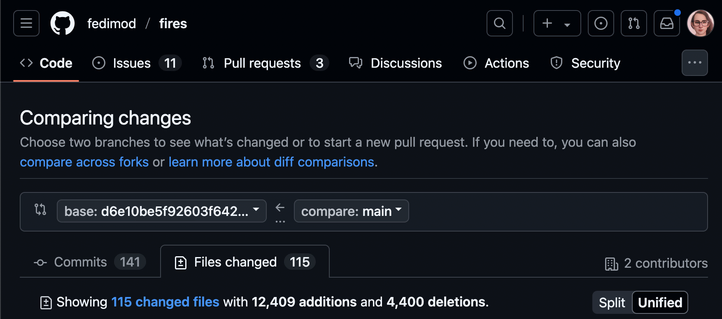 Screenshot of the website linked, showing changes to FediMod FIRES since commit d6e10be (~December 2024), with a total change of 12,409 additions and 4400 deletions across 115 files and 141 commits.