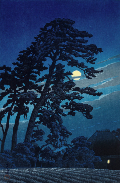 A bright yellow full moon, screened by shredded cloud, shines down out of a starless night sky and illuminates a small farm in rural Japan. In the foreground, a broad field has been tilled and planted in tidy rows; just beyond, tucked in amongst a stand of trees, a warm light glows in the window of a thatched-roof farmhouse. Nearby, tall wiry pines reach up into the sky.