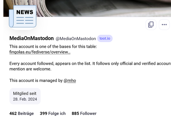 The profile page of @MediaOnMastodon@toot.io with exactly 399 followers.