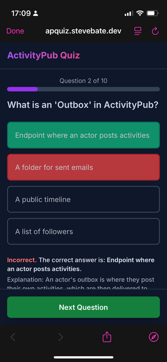 
ActivityPub Quiz, Question 2 of 10

What is an 'Outbox' in ActivityPub?
- Endpoint where an actor posts activities
- A folder for sent emails
- A public timeline
- A list of followers

Next Question