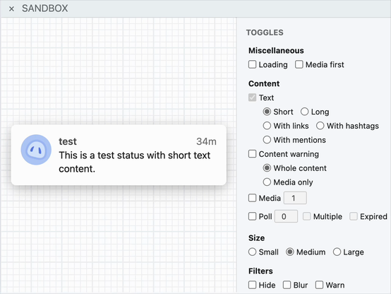 Demo of "sandbox" page that shows a preview of a post and UI toggles to show different states of the post.