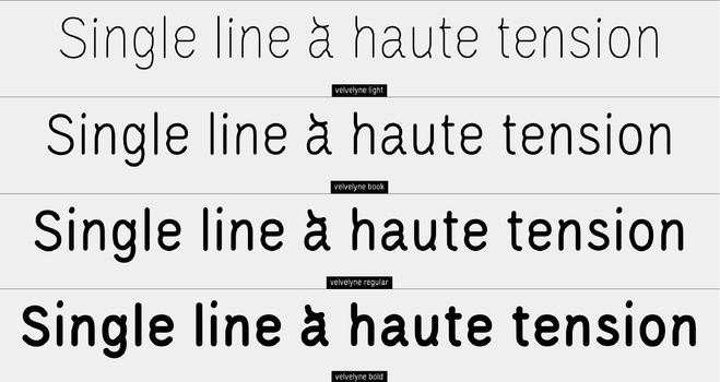 La phrase "single line à haute tension" plusieurs fois sur un fond blanc composée avec Velvelyne, une fonte linéale