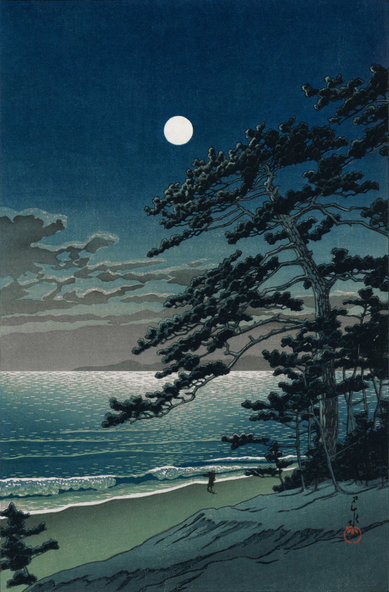 A bright full moon shines down out of a starless night sky, illuminating a single shadowy figure walking along Ninomiya Beach, in Kanagawa Prefecture. Tall wiry pine trees stand on our side of the beach; beyond, the waters of the Pacific are calm, silvered by moonlight.