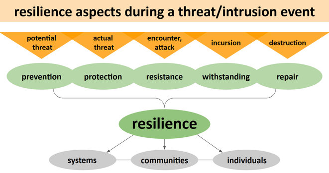 Graphical model  of resilience aspects during a threat/intrusion event. It connects types of threats to 5 resilience aspects: prevention, protection, resistance, withstanding, repair