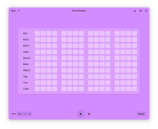 A screenshot of Drum Machine, showing an empty grid at 120 BPM
