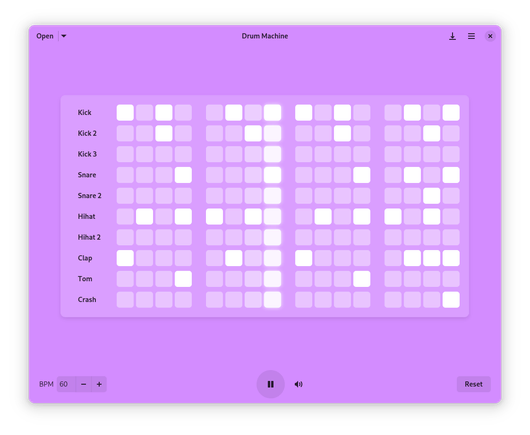 A screenshot of Drum Machine, showing an complex pattern, using all sounds, programmed into the grid at 60 BPM