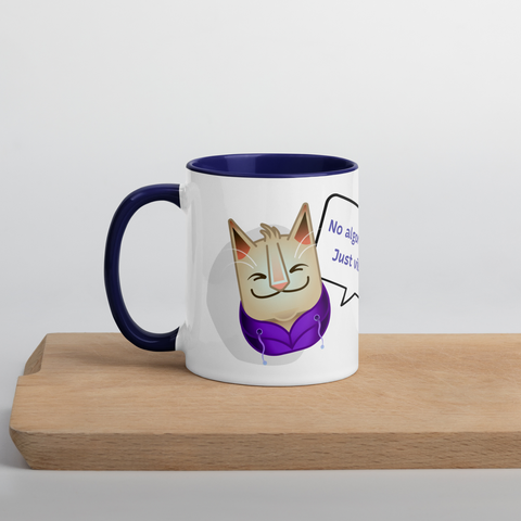 A ceramic mug with a navy blue handle and interior features a cartoon cat wearing a purple hoodie, representing Owncast. The cat has a smiling expression and a speech bubble that reads, "No algos, just vibes." The mug is placed on a wooden surface.
