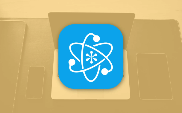 KeePassium blue and white logo over a yellow-tinted background photo of Apple devices.