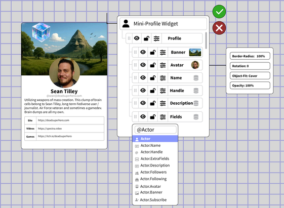 A mockup of a builder interface, featuring a grid with floating, connected elements that allow a user to compose and fine things from whatever data their server knows about. 

Here, a mini-profile widget is composed by creating layers in a manner similar to Photoshop. Each layer takes custom options for styling and display.