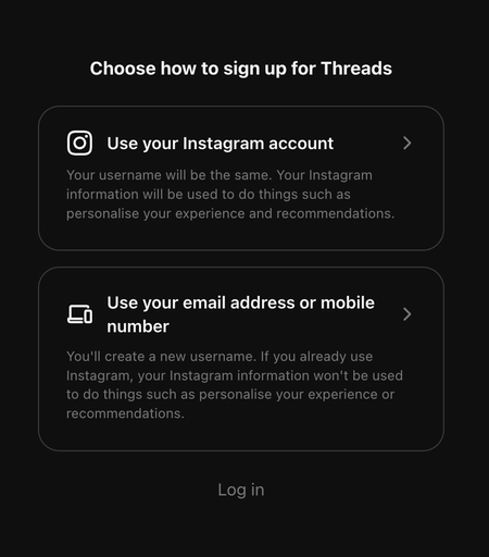 Screenshot of the Threads sign-up screen. Options include using an Instagram account or an email address/mobile number. A "Log in" button is also visible.

