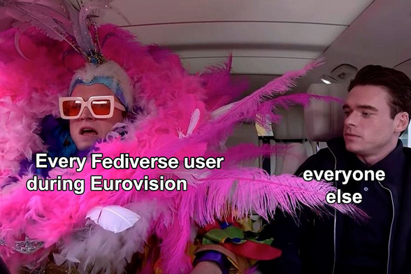 From the movie Rocket Man, colorful Elton John on the left and regular guy on the right. Text on the left: "Every Fediverse user during Eurovision" (meaning the colorful Elton John), "everyone else" (meaning others that do not watch Eurovision, indicating not that much activity elsewhere)