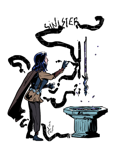 Illustration for the prompt "Sinister" of Swordtember 2020. It depicts an adventure with black shoulder-length hair dressed in brown and gray clothing, she looks entranced and her hand is reaching forward to a black purplish sword coming out of a small fountain. From the shadow of the sword on the wall behind it, you can see some shadowy tendrils reaching towards the adventurer.