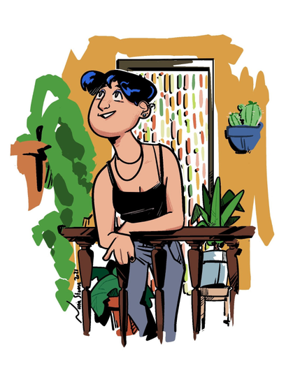 Digital illustration of a girl with short black hair, leaning on a balcony and looking upwards with a smile. On the background you can see a yellow wall with the entry to the balcony covered with a colorful portière, and lots of plants.