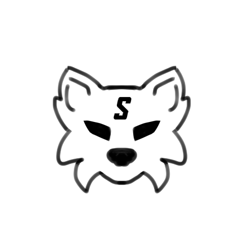 A simply drawn wolf head with a black outline. The eyes and nose are black. There’s an ‘S’ on the forehead. The background is transparent. 