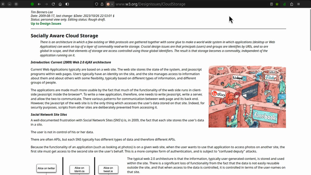 A webpage is shown. The user clicks on the dokieli browser extension which opens the dokieli menu. The user signs in with their WebID. The user then clicks Notifications and a side panel shown to be checking for user's and their contact's interactions with the webpage. The panel shows a bookmark from one of the contacts, a like activity from another, and the user's own inline annotation from a highlighted section in the document.