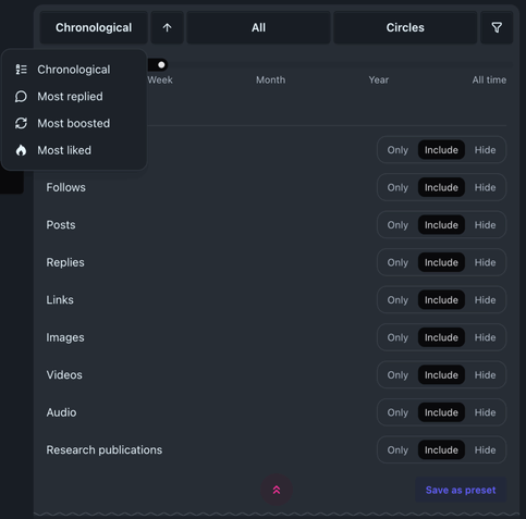 A selection of filters for a social media feed. It shows the option to sort the feed chronological, by replies, boosts or likes. It also gives the ability to filter by follows, posts, replies and more.