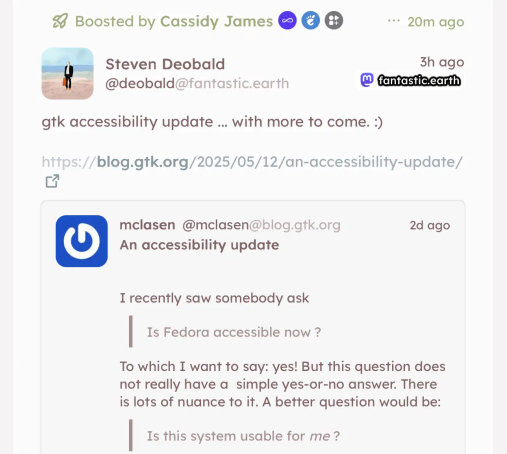 A screenshot of a Wordpress Blog blog.gtk.org being rendered as a post in Sharkey