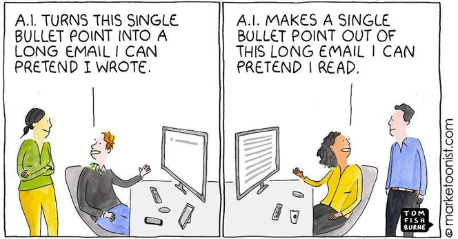 Cartoon:
panel 1: person points to screen & says to companion: 'AI turns this single bullet point into a long email I can pretend I wrote';
panel 2: a different person points to screen & says to their companion: 'AI makes a single bullet point out of this long email that I can pretend I read'...