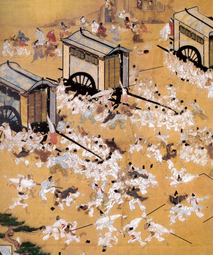 Painting depicting the 'Aoi' chapter of The Tale of Genji. Attendants fight to secure the best viewing spot for their carriages (and their mistresses within).
