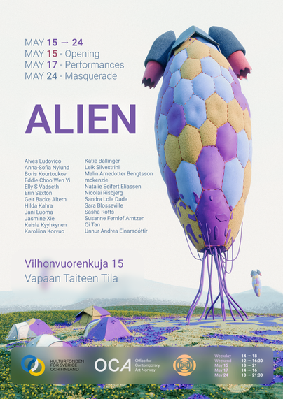 A poster with an image of an alien spaceship made out of common fabric and the core text: Open from May 15 to 24th. Performances on may 17 and 24. Title of the show is ALIEN. A long list of artists. Takes palce at Vapaan Taiteen Tila. 