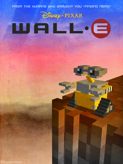 Poster design, featuring a voxel-styled Wall-E robot character from Pixar's animation film.