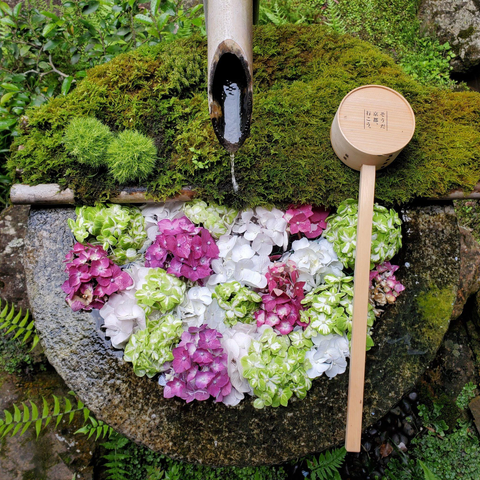 Flowers are used to decorate a wash basin at Yokoku-ji.