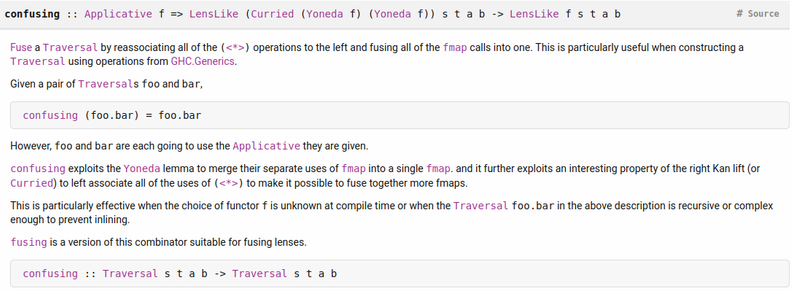 The Haddock documentation for the function `confusing` from the Haskell Lens library. It is indeed confusing.