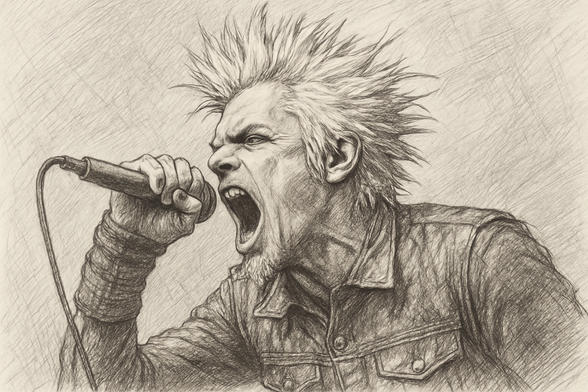 A dynamic pencil sketch captures a high-energy moment of Spider One, frontman of the industrial metal band Powerman 5000. He’s shown mid-shout, gripping a microphone with one hand while leaning forward with intensity. His mouth is wide open in a scream or roar, veins visible in his neck, emphasizing the raw emotion and power of his performance.

His hair is spiked wildly in all directions, a signature look that matches the chaotic energy of the band’s sound. He wears a leather jacket with visible stitching and buttons, and his other arm is wrapped in bandage-like wristgear. The microphone cable snakes out of the frame, adding movement to the image.

Rendered in a textured, crosshatched style, the sketch channels the aggressive, sci-fi-infused energy of Powerman 5000’s music. It’s an AI-generated tribute to the frontman’s explosive stage presence, frozen in a moment of pure industrial fury.