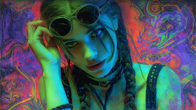 A young woman with intense eyes stares directly at the viewer, tilting her head slightly forward and adjusting a pair of round, steampunk-style goggles perched on her forehead. Her long dark hair is styled in twin braids, and she wears a black choker and a strappy top, giving off a gothic or alternative vibe. Her skin is bathed in surreal, neon hues of blue and green, casting a moody, otherworldly glow across her face and body.

Behind her, a swirling, psychedelic background explodes with marbled textures in electric shades of red, purple, orange, and green. The fluid patterns resemble oil on water or melting lava-lamp wax, adding to the dreamlike, hallucinogenic atmosphere of the image.

This AI-generated artwork blends cyberpunk, gothic, and psychedelic aesthetics into a striking visual portrait — part attitude, part dreamscape, all intense.