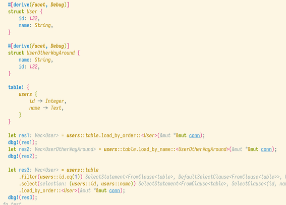 Rust source code showing a minimal diesel example in combination with the `Facet` derive