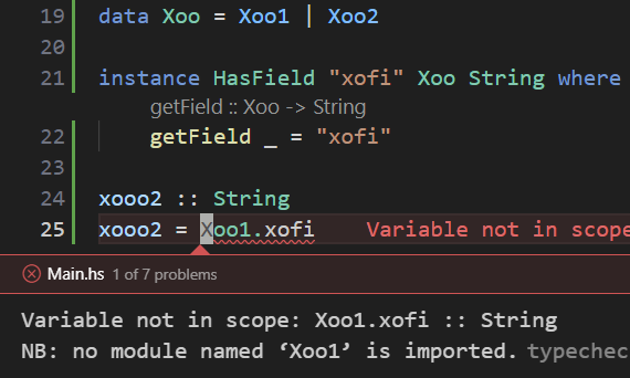 Haskell code that fails to compile because GHC assumes "Xoo1.xofi" is a module-qualified name.

data Xoo = Xoo1 | Xoo2 

instance HasField "xofi" Xoo String where
    getField _ = "xofi"

xooo2 :: String
xooo2 = Xoo1.xofi