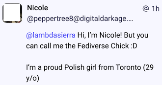 spam direct message "Hi, I'm Nicole! But you can call me the Fediverse Chick :D"