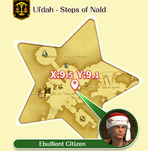 Just a map of where to start Monday's Final Fantasy 14 Event. The pointed-out NPC is called the "Ebullient Citizen".