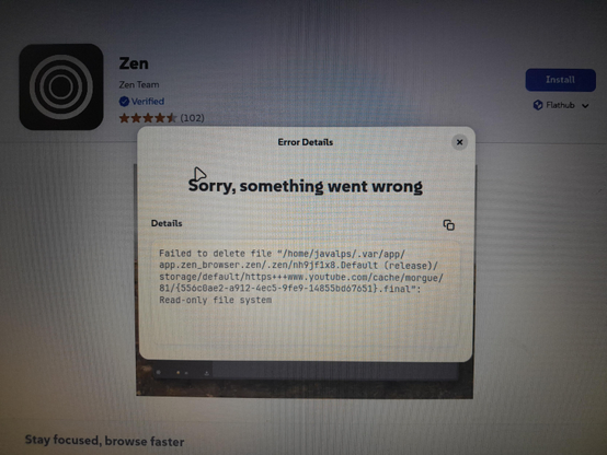 GNOME Software Center showing an error when I try to uninstall Zen browser along with app data