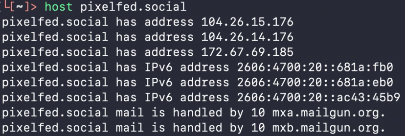 résultat d la commande host sur pixelfed.social qui donne l'ipv4 104.26.15.176 et 172.67.69.185