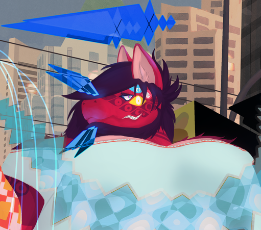 My fursona, a large red catdragon, giving a smug look right at the viewer. They're doing some weird magic stuff that looks like a bunch of hard light polygons.