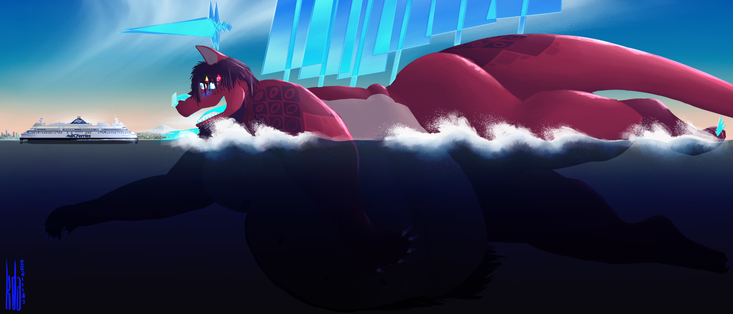 My fursona again, but they're now several hundred metres long, and swimming in the ocean. They have huge hard light sails on their back, and they're right in front of a car ferry (which can fit thousands of passengers!) which isn't even the size of their forearm.