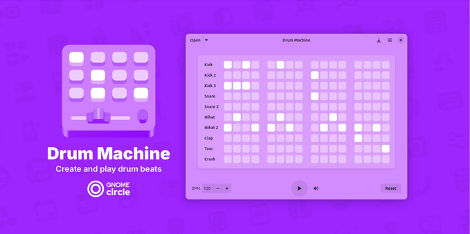 Banner featuring the Drum Machine application with a screenshot of the UI, app logo, and the slogan ‘Create and play drum beats’