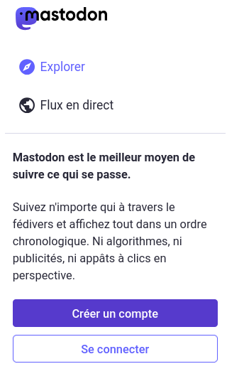 Capture d'écran de l'interface web de Mastodon centrée sur le bouton créer un compte.