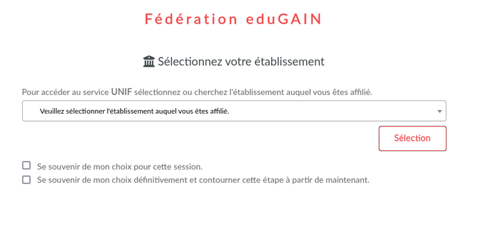 Capture d'écran de la page de connexion à la fédération eduGAIN présentée lorsqu'on clique sur créer un compte.