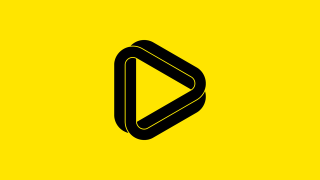 The logo is an infinite loop forming a rounded triangle play symbol, black on yellow.