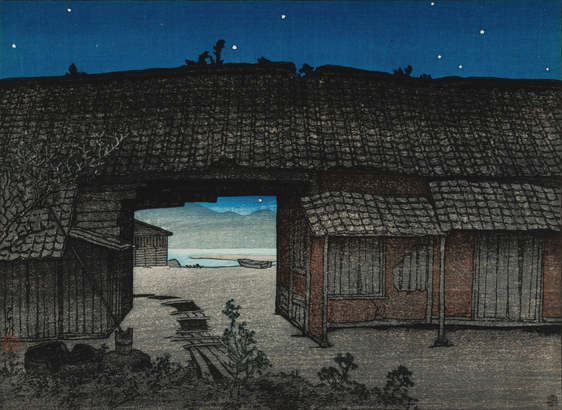 An abandoned warehouse, dark and unused, slowly crumbling away under a starry night sky. A disused path of wooden duckboards passes through a covered opening, allowing us to see beyond toward another dark building standing next to a body of water; nearby, a small open boat has been pulled up on shore. Further on, the shadowy shapes of mountains cross the horizon.