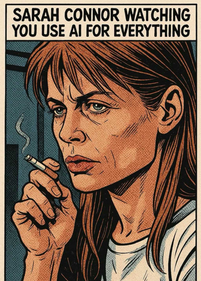 meme with comic book style artwork of sarah connor from terminator 2 movie smoking a cigarrette with a worried look
caption:  SARAH CONNOR WATCHING YOU USE AI FOR EVERYTHING