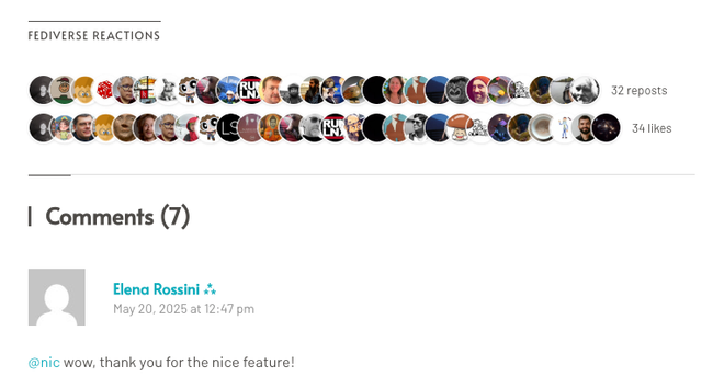 A screengrab from the bottom of a WordPress post with the fediverse reaction.